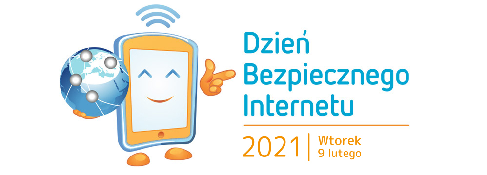 smartfon z kulą ziemską w dłoni, obok napis Dzień Bezpiecznego Internetu, 9 lutego 2021 - źródło saferinternet.pl