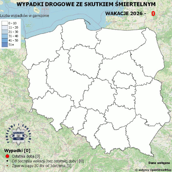 Policyjna mapa wypadków drogowych ze skutkiem śmiertelnym – Wakacje 2026