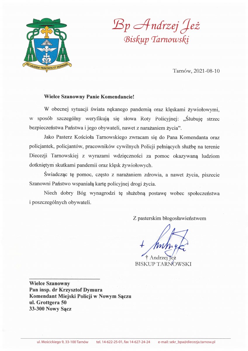 list Biskupa Tarnowskiego do Komendanta Miejskiego Policji w Nowym Sączu