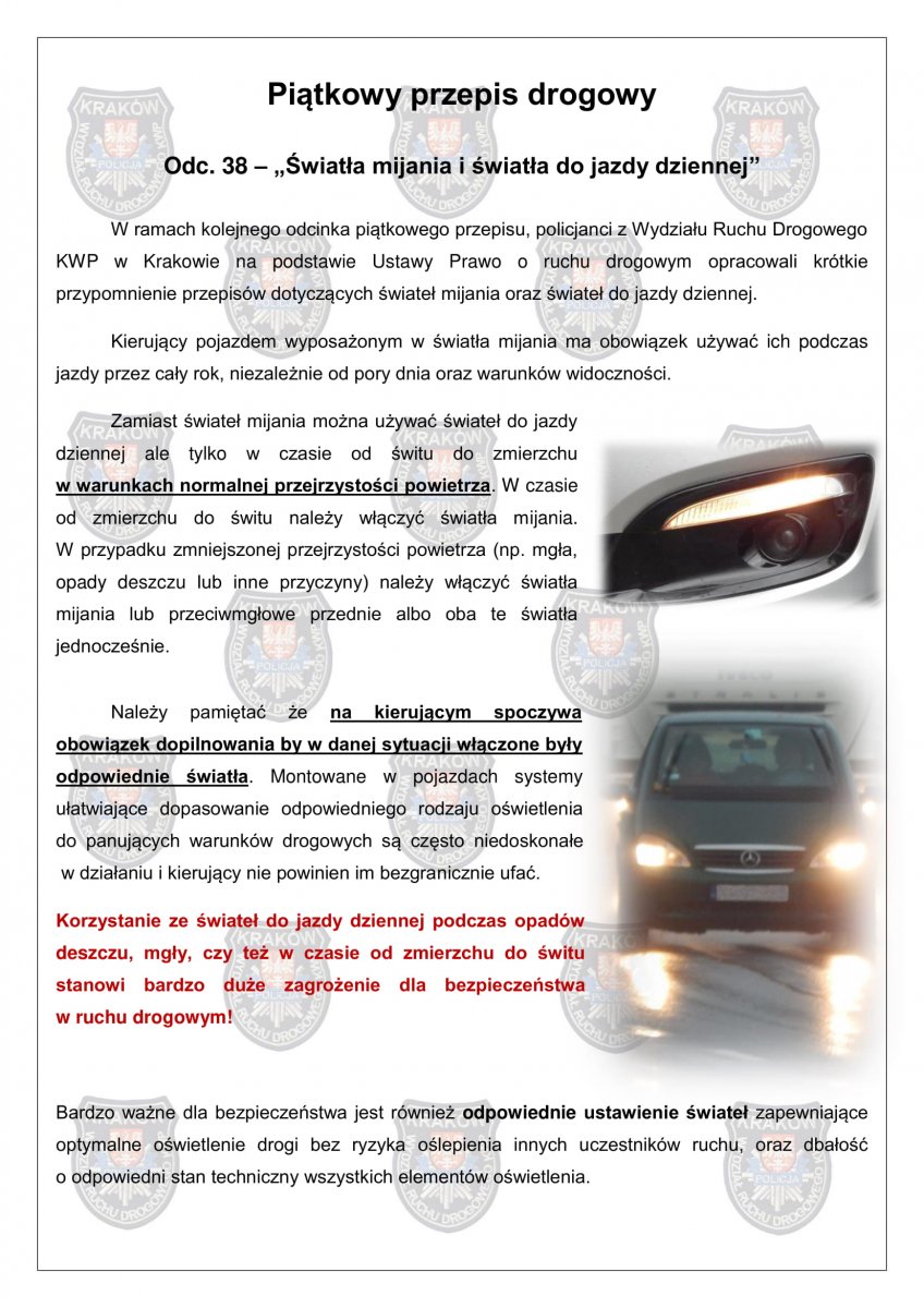 grafika z treścią 38 odcinka piątkowego przepisu - tekst, na zdjęciach reflektory pojazdów