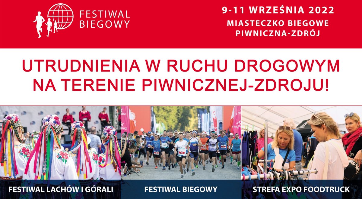 grafika z napisem utrudnienia w ruchu drogowym na terenie Piwnicznej-Zdroju - fot. www.festiwalbiegowy.pl