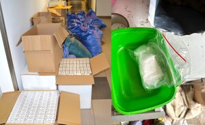 połączone zdjęcia - po lewej kartony z papierosami, worki z krajanką, po prawej biały proszek w worku strunowym