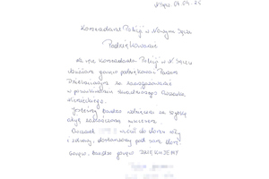 list z podziękowaniami dla policjantów