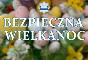 napis bezpieczna Wielkanoc, w tle kolorowe jajka - AWATAR