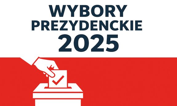 grafika z dłonią wrzucającą kartę do głosowania do urny, napis wybory prezydenckie 2025