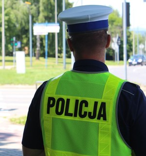 zdjęcie policjanta ruchu drogowego w kamizelce odblaskowej stojącego tyłem do obiektywu, w tle jezdnia