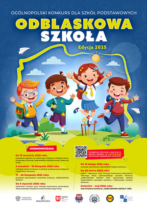 plakat promujący konkurs Odblaskowa szkoła, czwórka dzieci z plecakami, najważniejsze informacje