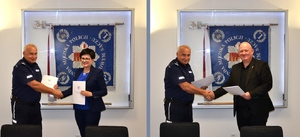 dwa połączone zdjęcia przedstawiające komendanta ściskającego dłonie dyrektorów szkół, którzy podpisali porozumienie o współpracy