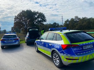 trzy zaparkowane radiowozy, przy nich policjant w kamizelce odblaskowej