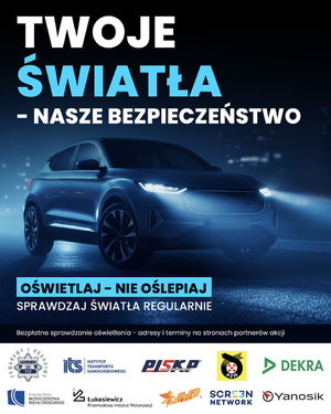 grafika - noc, samochód z włączonymi światłami, napis Twoje światła - nasze bezpieczeństwo