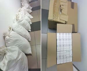 połączone zdjęcia worków z krajanką i kartonu z paczkami papierosów