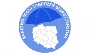 mapa Polski, nad nią niebieski parasol i napis Krajowa Mapa Zagrożeń Bezpieczeństwa