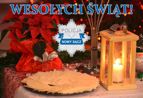 stroik, napis wesołych świąt, poniżej logo KMP w N. Sączu