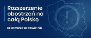 mapa Polski na niebieskim tle z napisem Rozszerzenie obostrzeń na całą Polskę