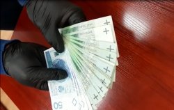policjant w rękawiczkach liczy zabezpieczone pieniądze