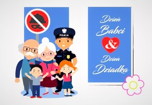 grafika przedstawiająca seniorów, policjantkę oraz dwoje dzieci, obok napis Dzień Bbci Dzień Dziadka, arch. KWP w Krakowie