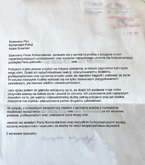 list nadesłany do Komendanta Miejskiego Policji z podziękowaniami dla funkcjonariuszy