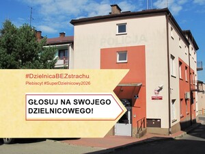 budynek KP w Grybowie, napis Głosuj na swojego dzielnicowego