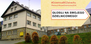 budynek KP w Krynicy-Zdroju, napis Głosuj na swojego dzielnicowego