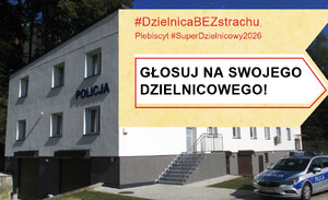 budynek KP w Muszynie, napis Głosuj na swojego dzielnicowego