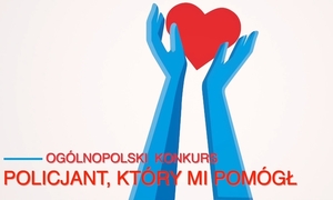 niebieskie ręce trzymające serce, napis ogólnopolski konkurs policjant który mi pomógł