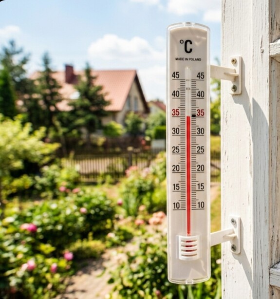 termometr na ramie okna pokazujący wysoką temperaturę