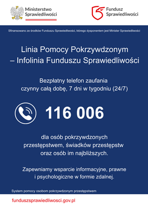 plakat z informacjami o infolinii 116 006