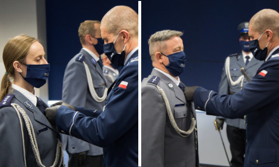 dwa połączone zdjęcia - Komendant Kuster wręcza odznaczenia sądeckim policjantom