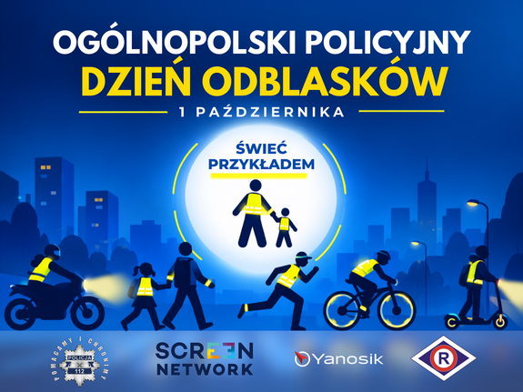 plakat pokazujący pieszych i kierujących jednośladami z elementami odblaskowym