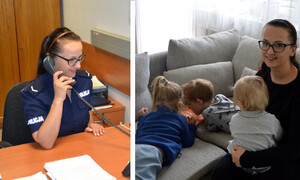 dwa połączone zdjęcia - po lewej policjantka w mundurze, po prawej z dziećmi