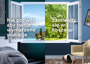 plakat z napisem nie pozwól aby twoje wymarzone wakacje zmieniły się w koszmar, dwa zdjęcia - jedno z pensjonatu a drugie z domu, w którym panuje bałagan spowodowany przez złodzieja