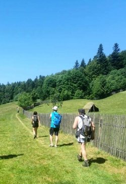 uczestnicy rajdu na polanie, idą wzdłuż drewnianego płotu