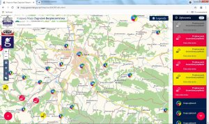 KMZB - zagrożenia zaznaczone na mapie w rejonie Nowego Sącza (zrzut ekranu)