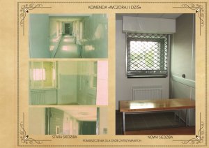 zdjęcia porównawcze - pomieszczenia dla osób zatrzymanych starej oraz nowej siedziby