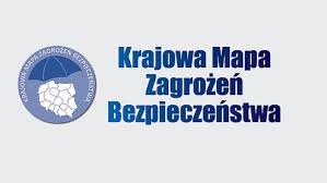 niebieski napis Krajowa Mapa Zagrożeń Bezpieczeństwa, po lewej mapa Polski a nad nią parasol