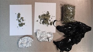 zabezpieczone narkotyki-susz na kartkach  papieru  oraz w worku foliowym