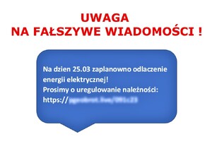 treść fałszywego smsa, napis Uwaga na fałszywe wiadomości