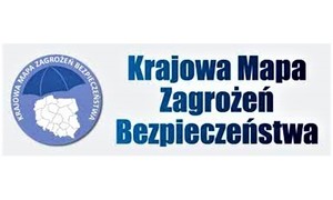 logo Krajowej Mapy Zagrożeń Bezpieczeństwa  - mapa Polski, nad nią parasol