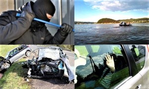 zdjęcie podzielone na cztery części-- 1 - mężczyzna w  kominiarce z łomem w ręce; 2 - policyjna łódź na jeziorze, w tle Małpia Wyspa; 3 - rozbite samochody po wypadku drogowym; 4 - dziecko w rozgrzanym aucie