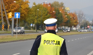 funkcjonariusz ruchu drogowego w kamizelce odblaskowej z napisem POLICJA, w tle jadące pojazdy