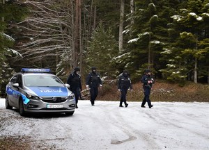 5. zaparkowany przy leśnej drodze radiowóz, obok idą umundurowani funkcjonariusze