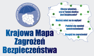 rozłożony parasol nad mapą Polski, napis Krajowa Mapa Zagrożeń Bezpieczeństwa