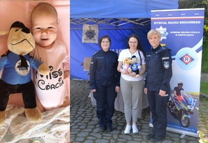 4. mama Wiktorii z policjantkami, obok zdjęcie dziewczynki z pieskiem-maskotką sądeckiej Policji