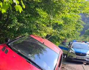 fragment czerwonego pojazdu, za nim oznakowany radiowóz