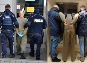 dwie połączone fotografie - policjanci prowadzą sprawców rozboju