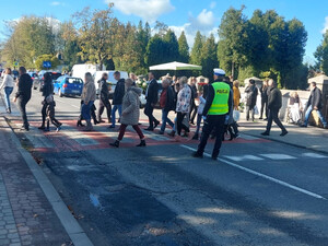grupa pieszych przechodzi przez przejście, obok umundurowany policjant